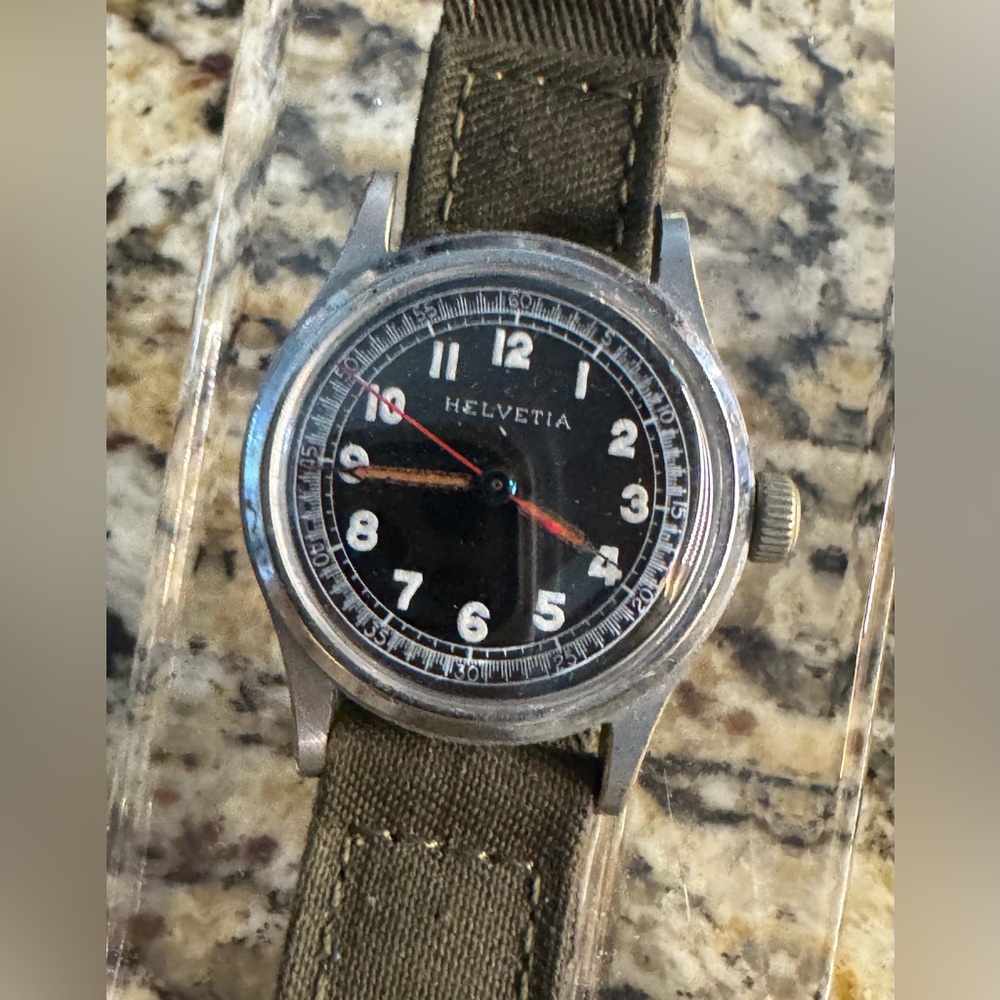 Vintage Helvetia Military Field Watch w Black Dial. Running.